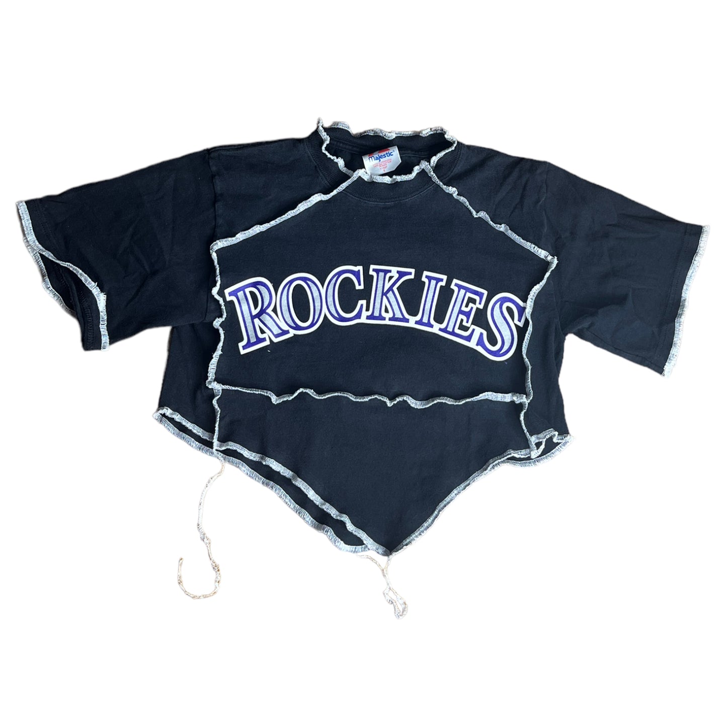 Colorado Rockies Reworked Contrast Stitch V Cut Crop Top