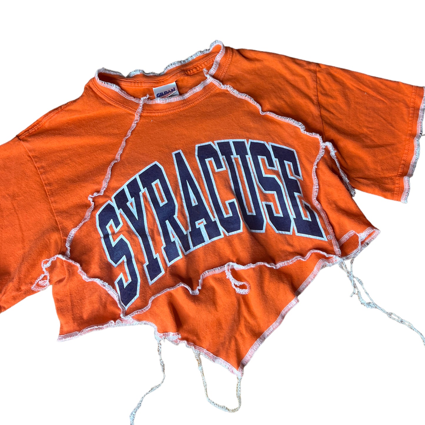 Syracuse University Reworked Contrast Stitch V Cut Crop Top