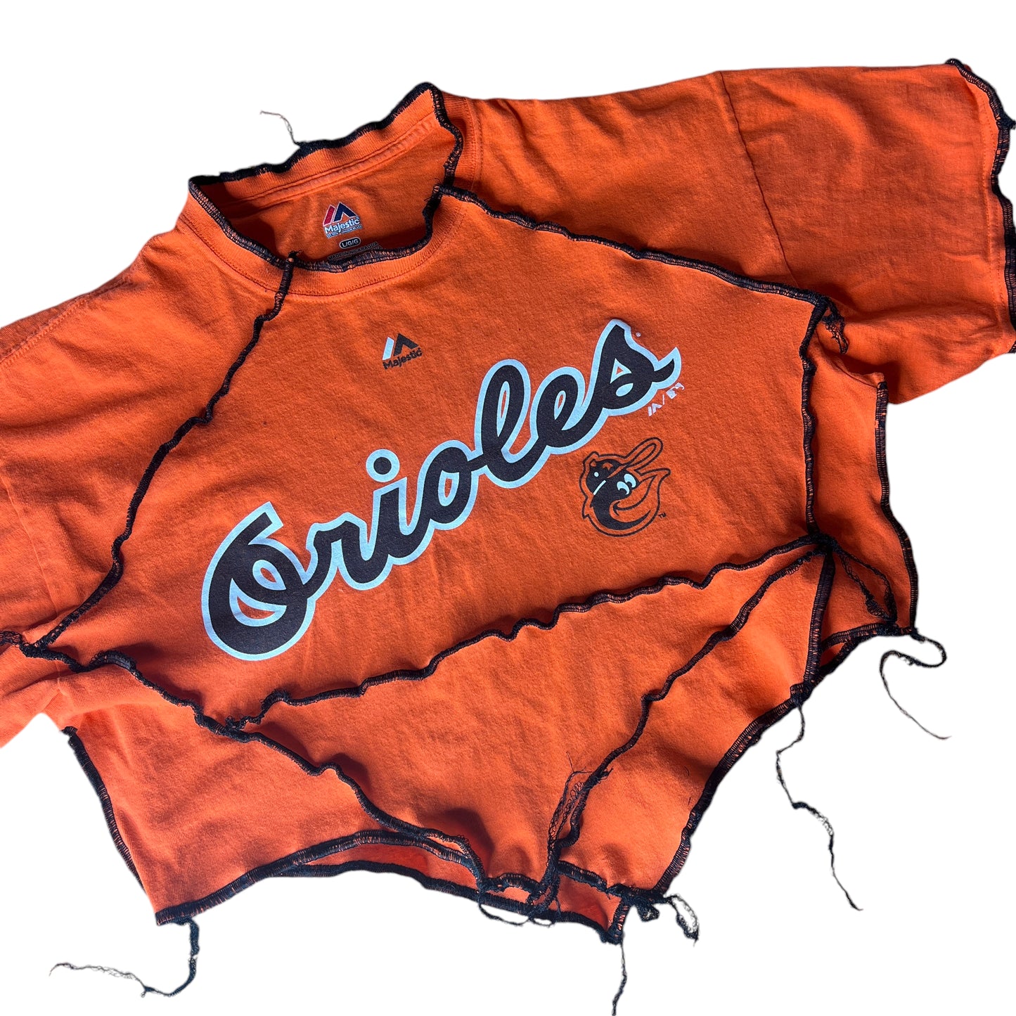 Baltimore Orioles Reworked Contrast Stitch Asymmetrical Crop Top