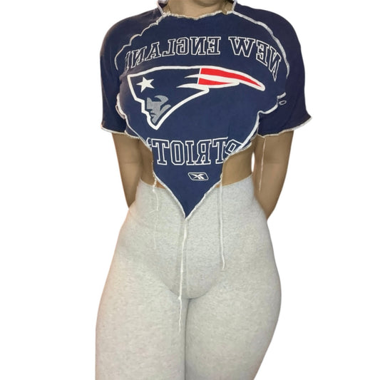 New England Patriots Reworked Contrast Stitch V Cut Crop Top