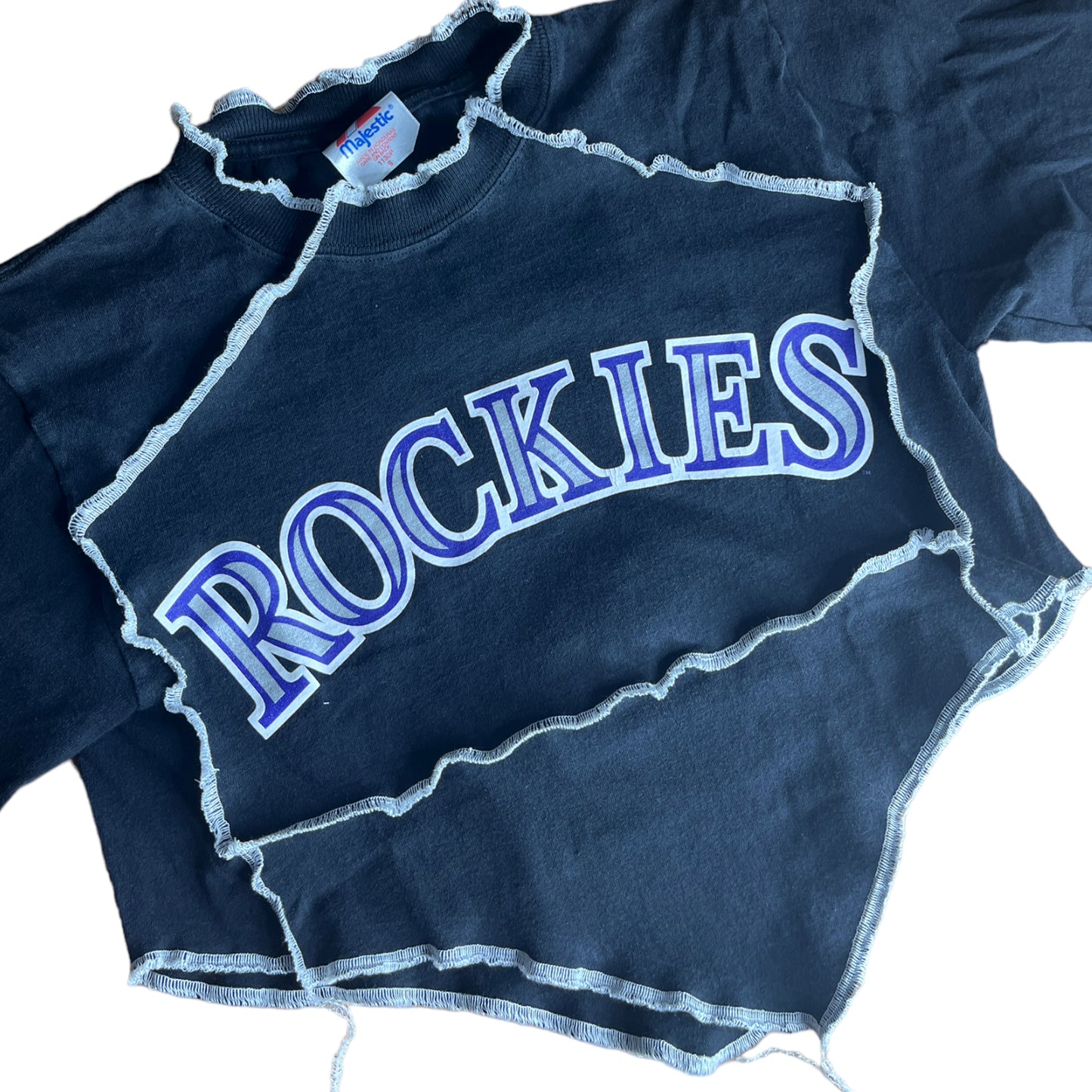 Colorado Rockies Reworked Contrast Stitch V Cut Crop Top