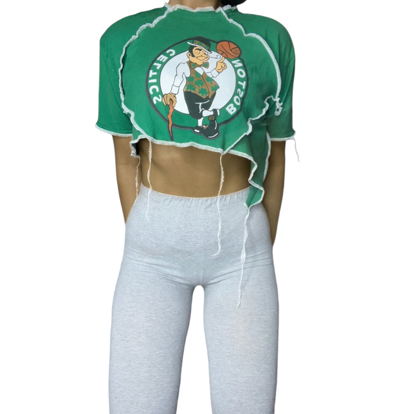 Boston Celtics Reworked Contrast Stitch Asymmetrical Crop Top