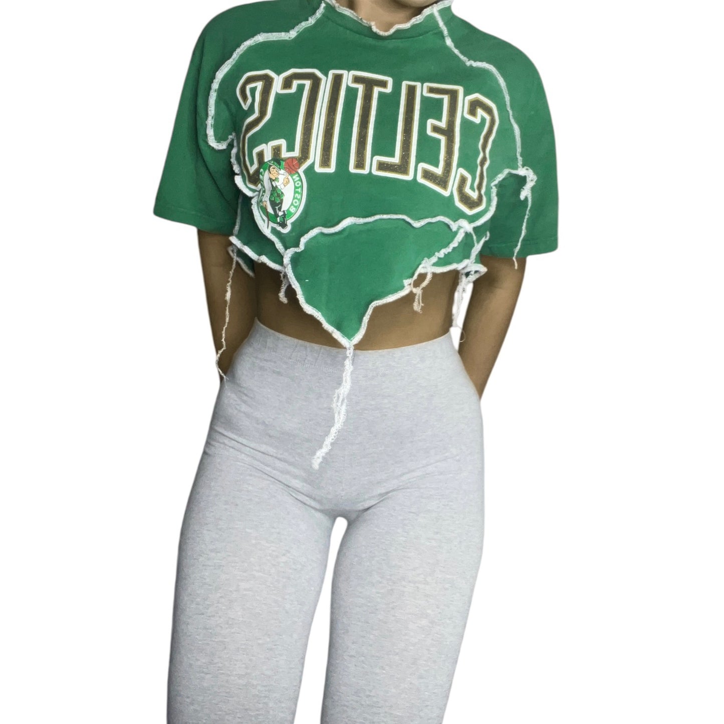 Boston Celtics Reworked Contrast Stitch V Cut Crop Top