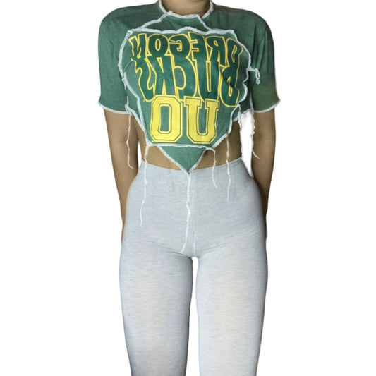 University of Oregon Reworked Contrast Stitch Patchwork Crop Top