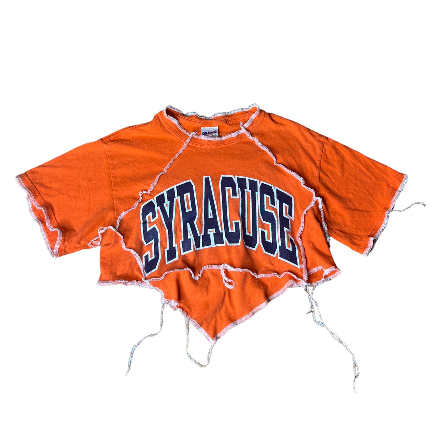 Syracuse University Reworked Contrast Stitch V Cut Crop Top