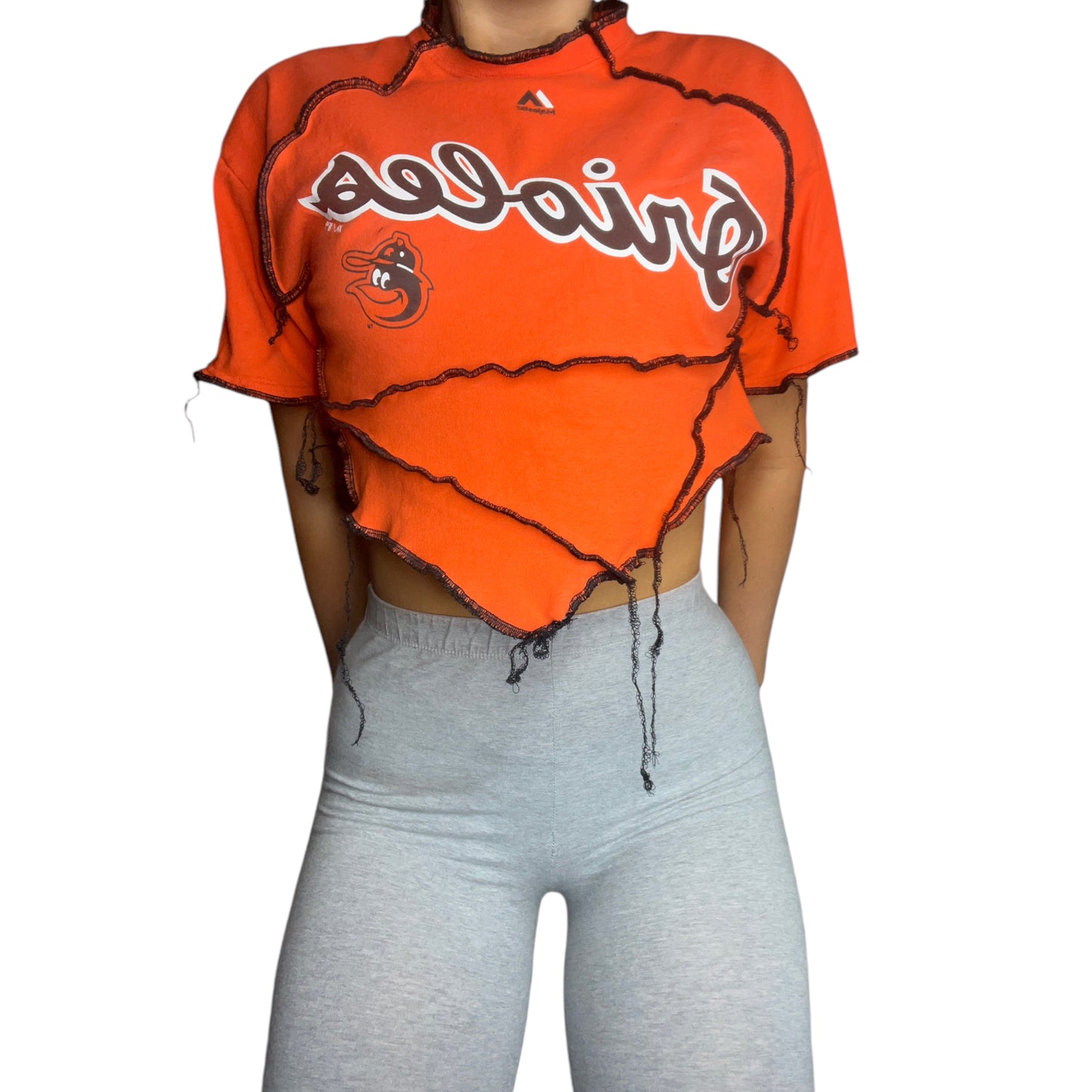 Baltimore Orioles Reworked Contrast Stitch Asymmetrical Crop Top