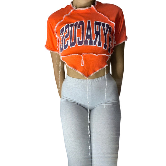 Syracuse University Reworked Contrast Stitch V Cut Crop Top