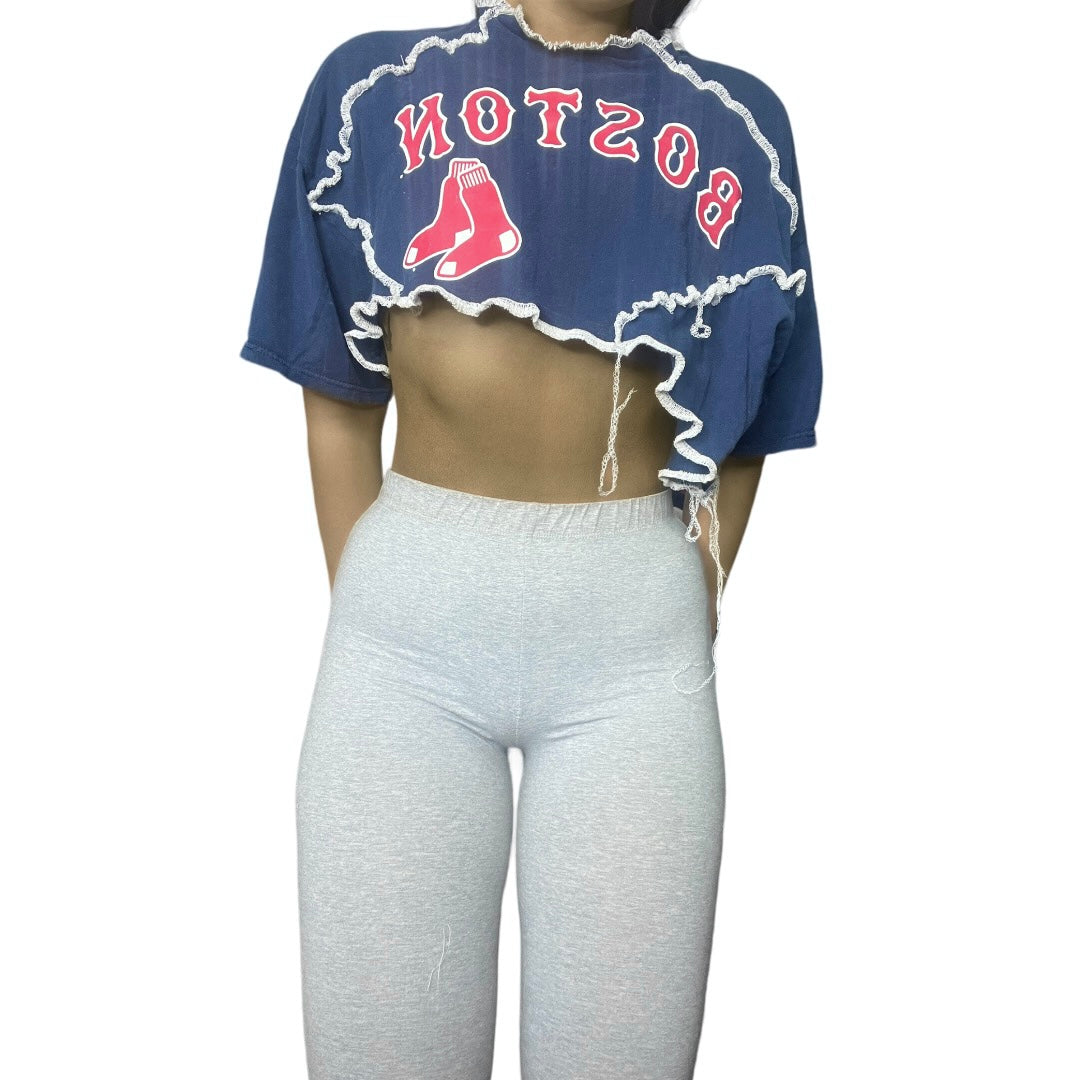 Boston Red Sox Reworked Contrast Stitch Asymmetrical Crop Top