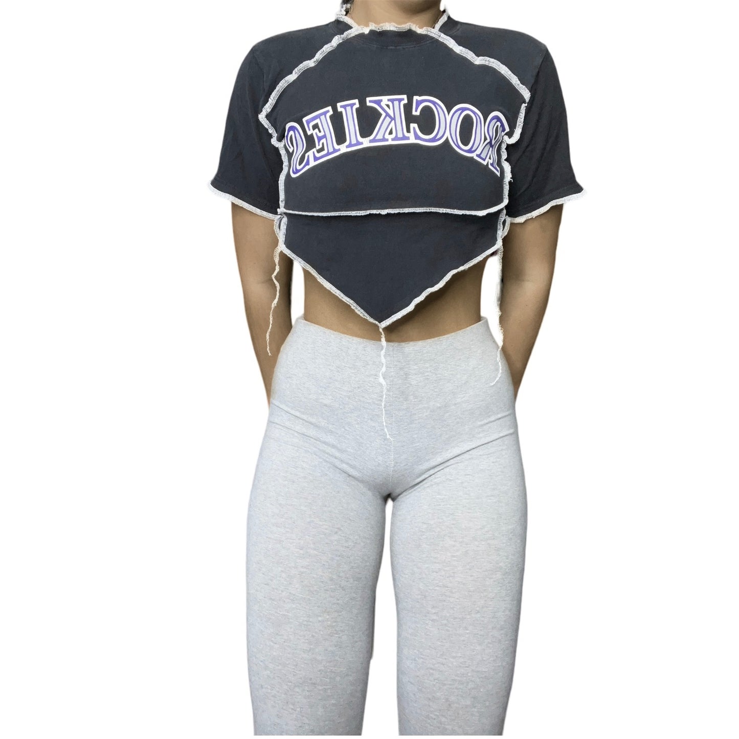 Colorado Rockies Reworked Contrast Stitch V Cut Crop Top