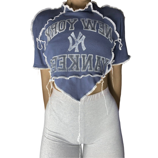 New York Yankees Reworked Contrast Stitch V Cut Crop Top