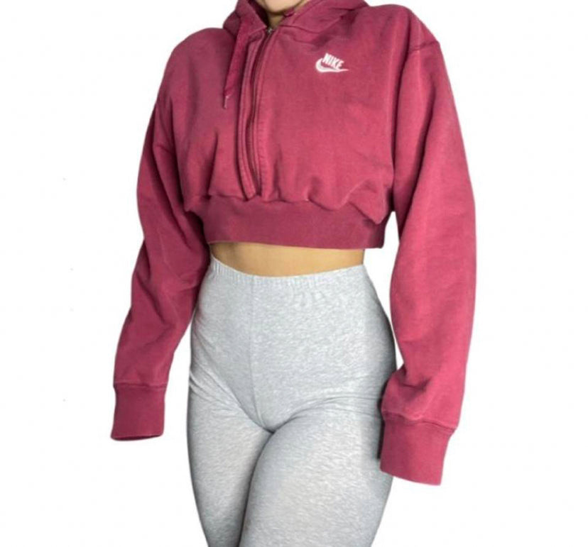 Nike Reworked Burgundy Red Crop Zip Up Hoodie