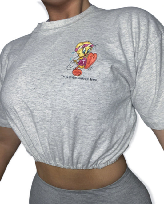 Tweety Bird Vintage Reworked Embroidered Crop Top