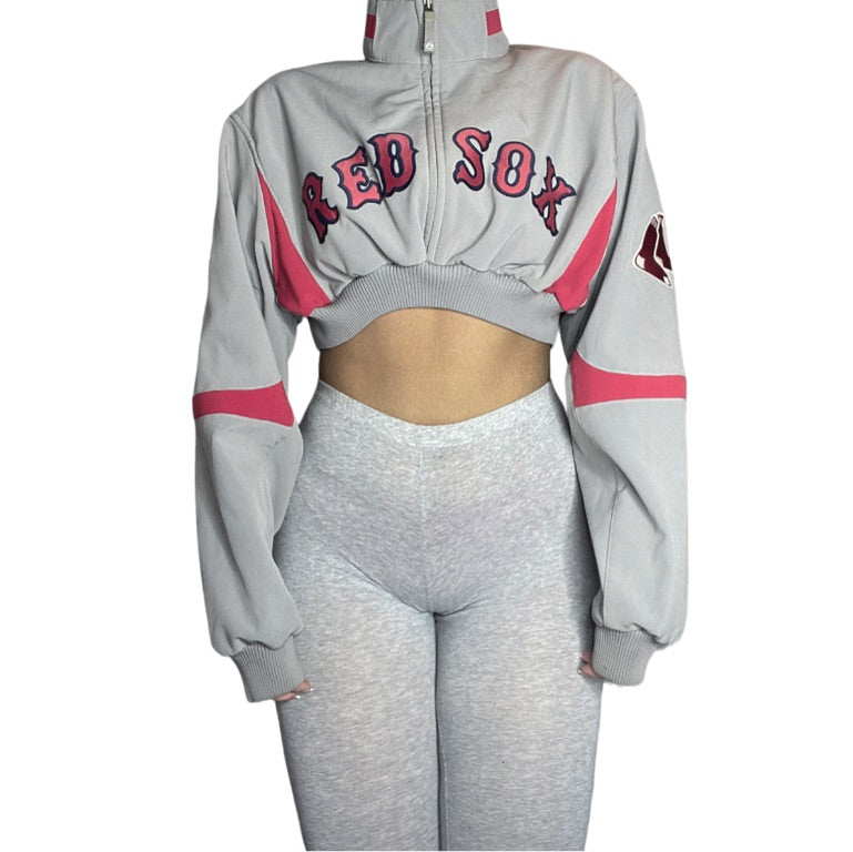 Boston Red Sox Reworked Zip Up Crop Bomber Jacket