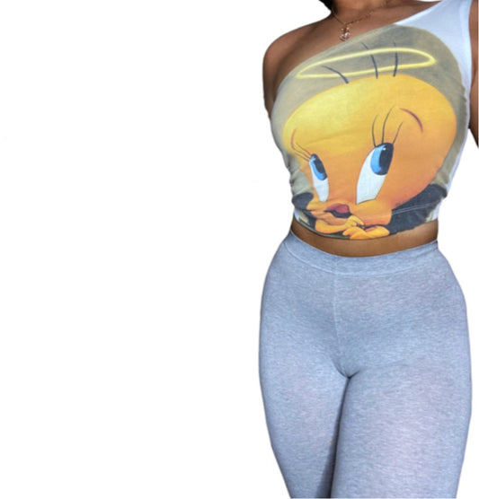 Vintage Tweety Bird Reworked One Shoulder Crop Top